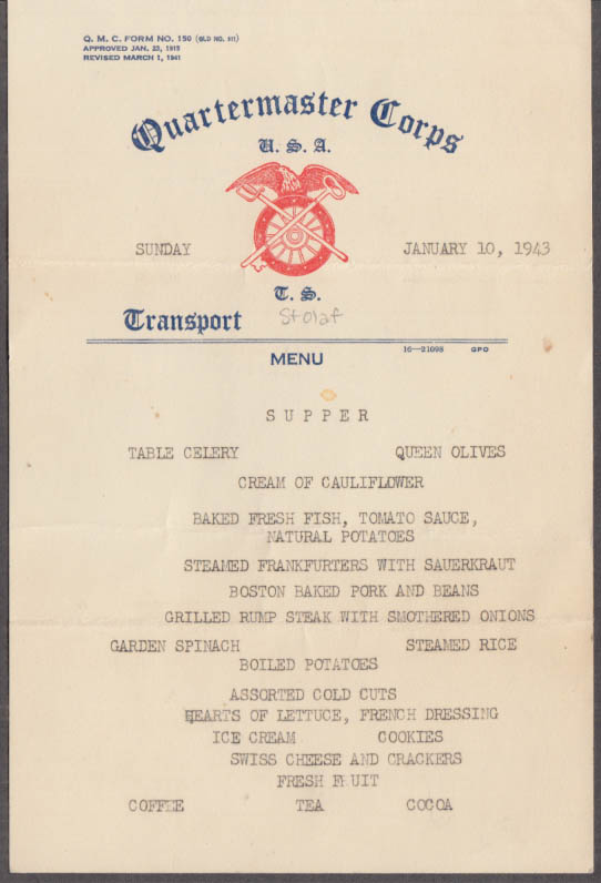 USAHS Hospital Ship St Olaf Supper Menu 10 January 1943