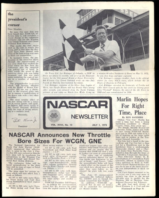 NASCAR NEWSLETTER 7/1 1973 Coo Coo Marlin Larry Smith & Carling Putt Putney