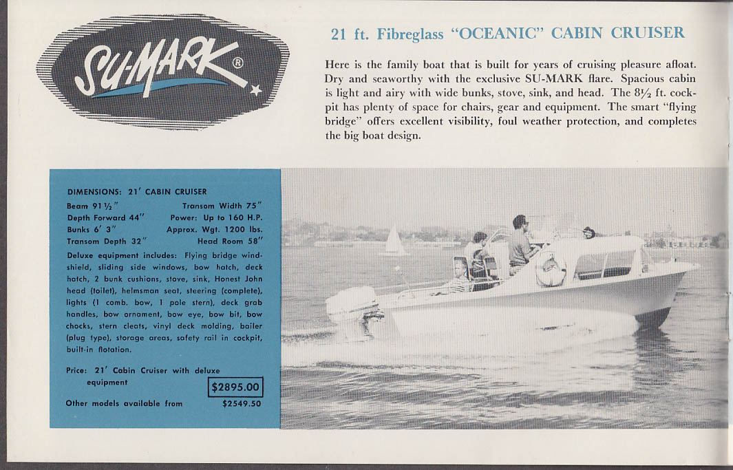 1960 Su-Mark Fiberglass Speedboat Catalog Walpole MA