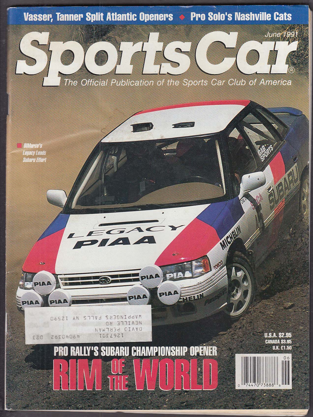 SCCA SPORTS CAR Pro Rally Subaru DiMarco Vasser Tanner Nashville ++ 6 1991