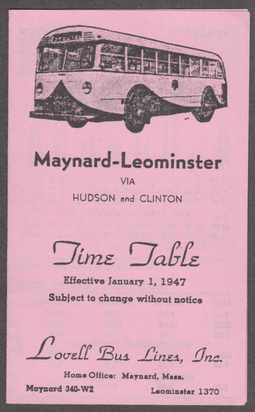 Lovell Bus Lines Time Table Maynard-Leominster 1/1 1947