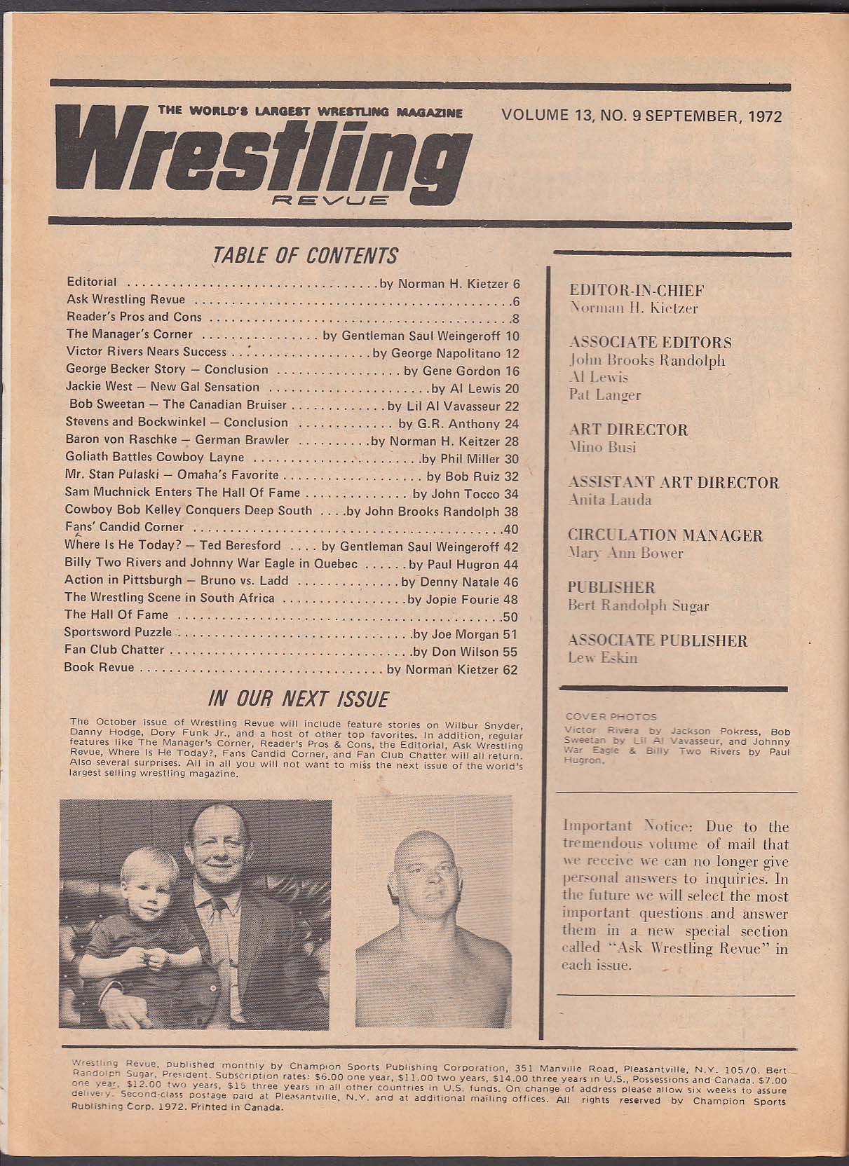 WRESTLING REVUE Victor Rivera Bob Sweetan Johnny War Eagle 9 1972