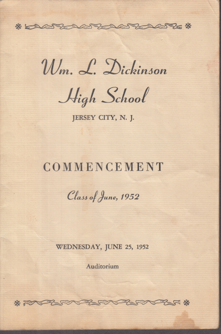 William L Dickinson High School Graduation Program 1952 Jersey City NJ