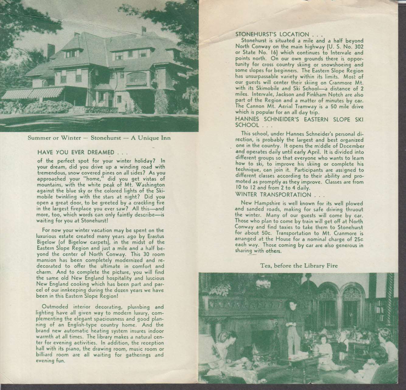 Stonehurst Ski Lodge N Conway NH tourist folder 1940s