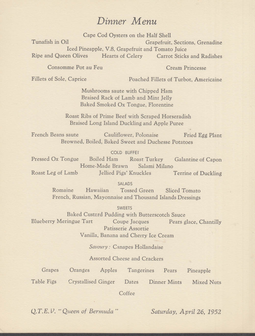 Furness Bermuda Line QTEV Queen of Bermuda Dinner Menu 4/26 1952