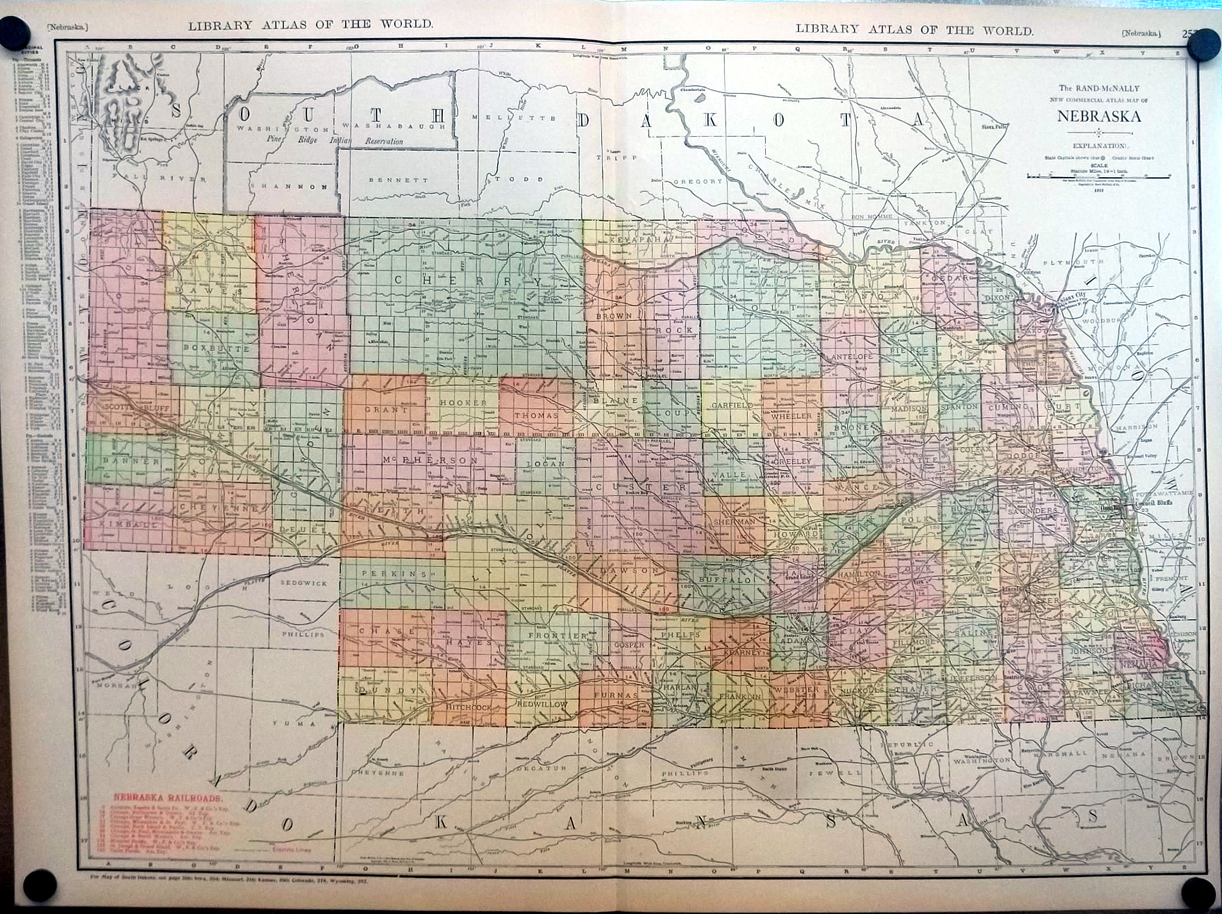 State of Nebraska 1912 Rand McNally color Map with Railroads