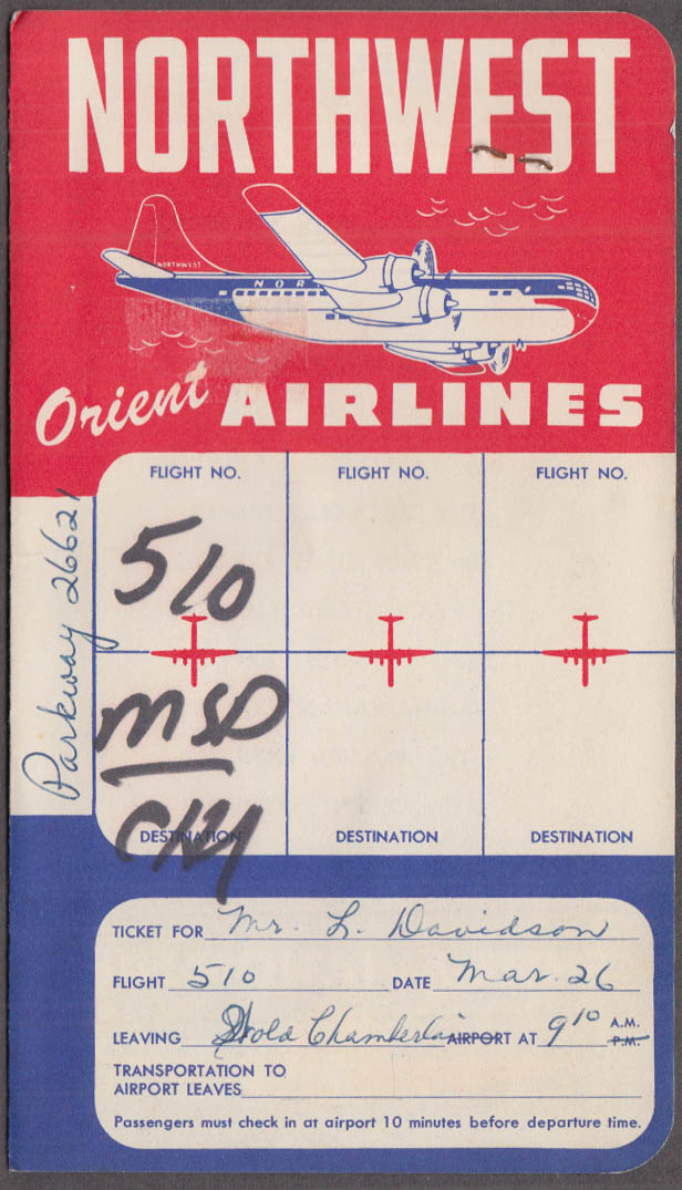 Northwest Orient Airlines Stratocruiser airline ticket wrapper used 1953