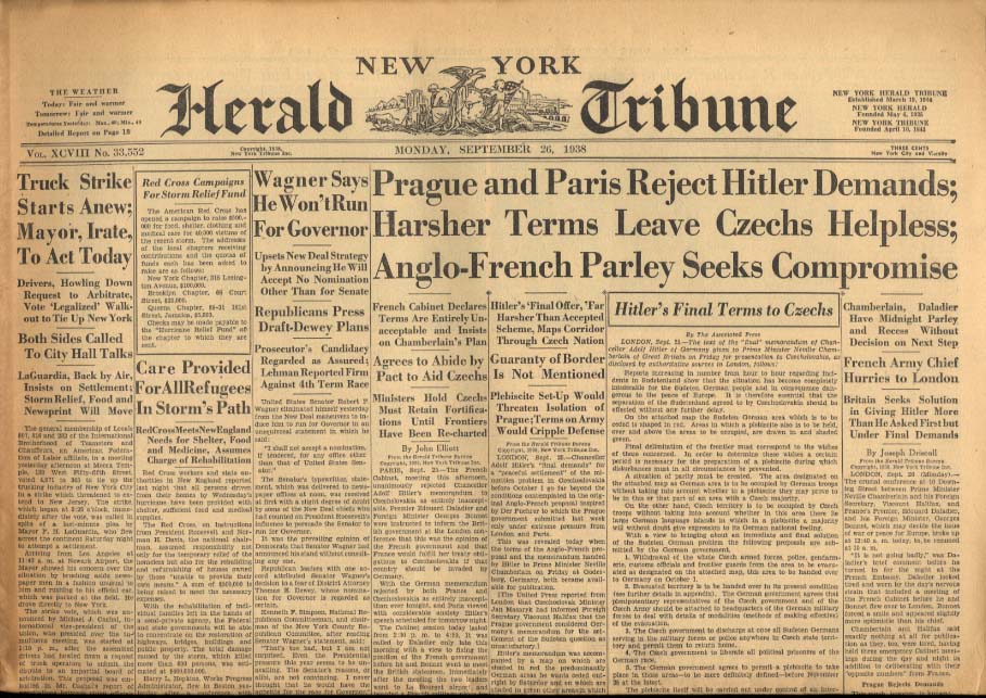 NY HERALD TRIBUNE 9/26 1938 Prague & Paris Reject Hitler Demands