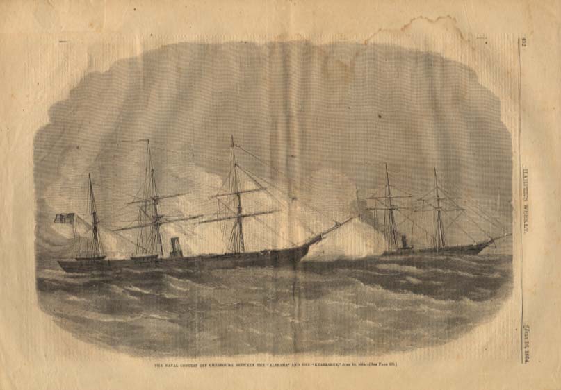 Harper's Weekly ORIGINAL CSS Alabama vs USS Kearsarge Cherbourg 6/19 1864