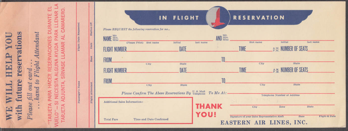 Eastern Air Lines In Flight Reservation Card 1950s Constellation