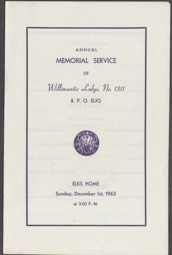 BPOE Elks Willimantic Lodge 1311 Memorial Service Program 1963 CT