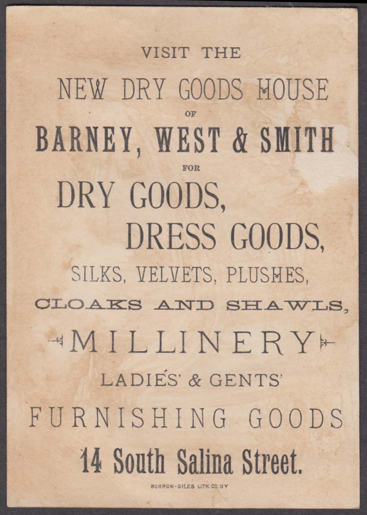 Barney West & Smith Dry Goods Millinery trade card 1880s Syracuse NY