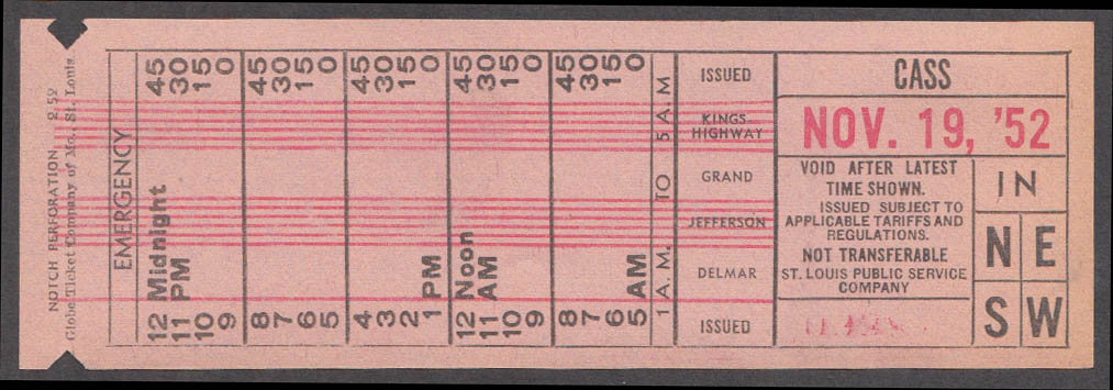 St Louis Public Service streetcar transfer Cass 1952