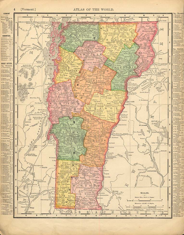 Cosmopolitan Rand McNally 1898 Map Vermont / New Hampshire w/ RR lines