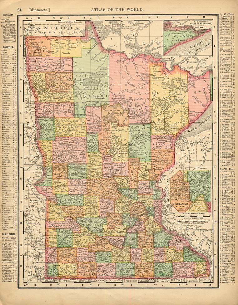 Cosmopolitan Rand McNally 1898 Map Minnesota / Wisconsin w/ RR lines