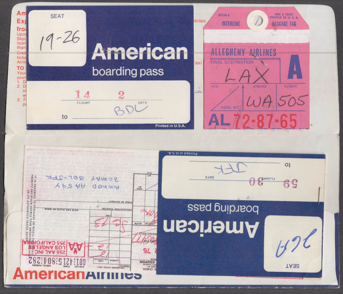 American Airlines flown ticket wrapper & boarding pass LAX-JFK-BDL 1975