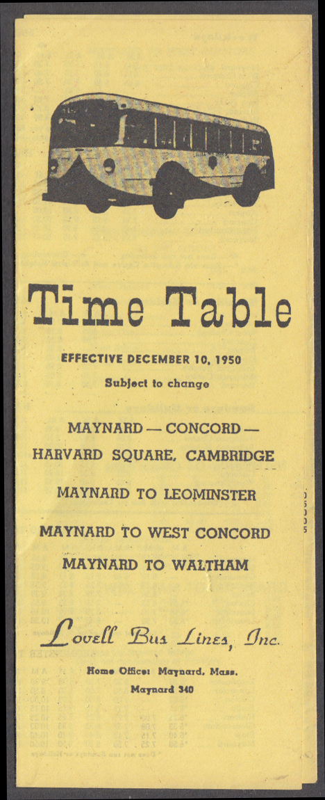 Lovell Bus Lines Maynard MA Time Table schedule 12/10 1950