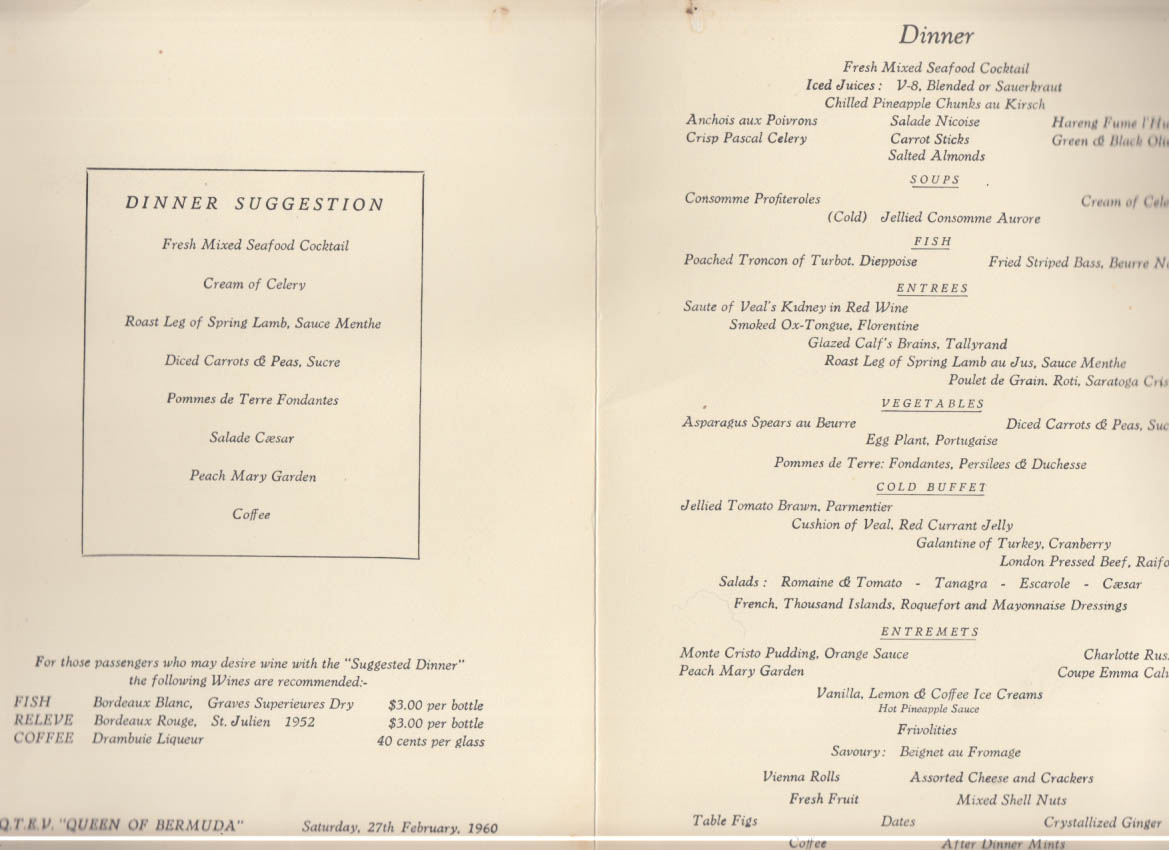 Furness Bermuda Line QTEV Queen of Bermuda Dinner menu 2/27 1960