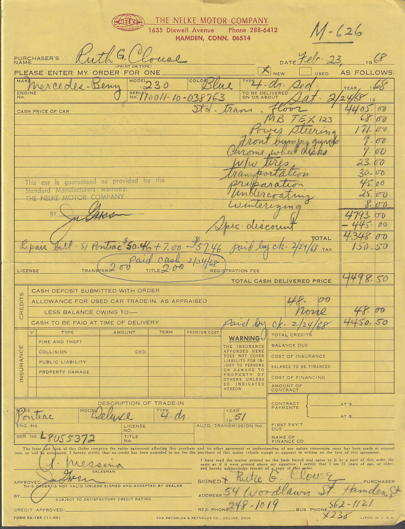 1968 Mercedes-Benz 230 4-door sedan Bill of Sale Nelke Motor Co Hamden CT