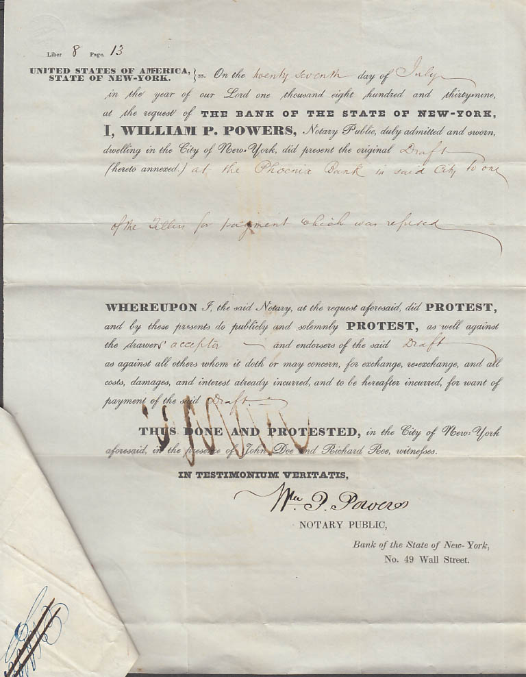 William P Powers Notary protest of refused draft $2500 E V A Perry 1839 ...