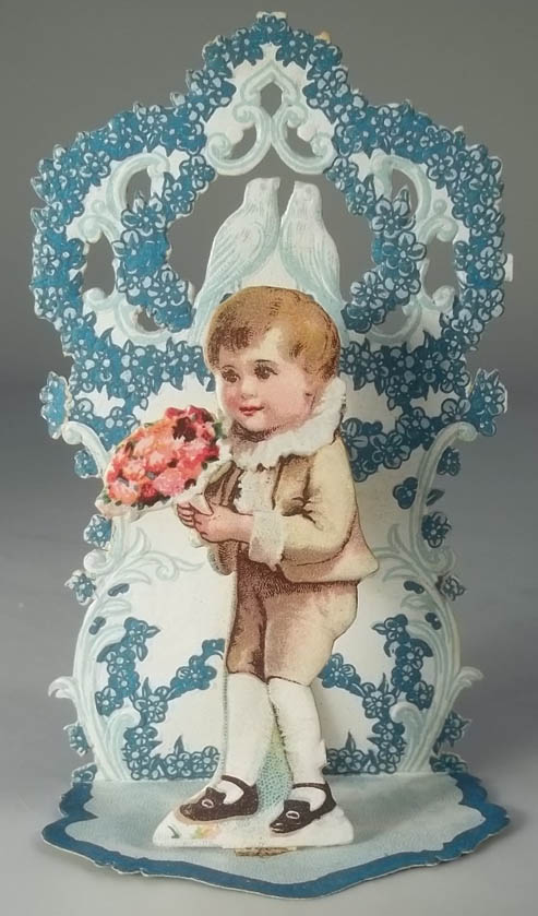 To My Valentine stand-up card boy with bouquet & lovebirds 1920s