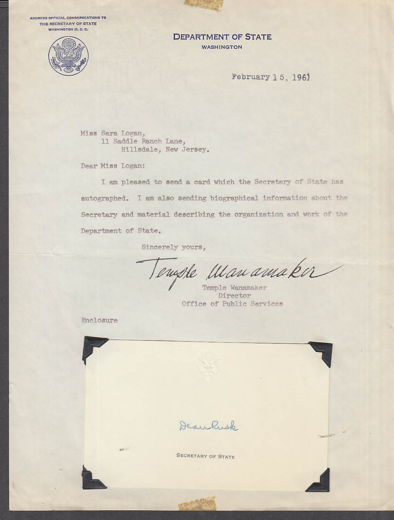 Secretary of State Dean Rusk SIGNED card w/ Dept of State cover letter 1961