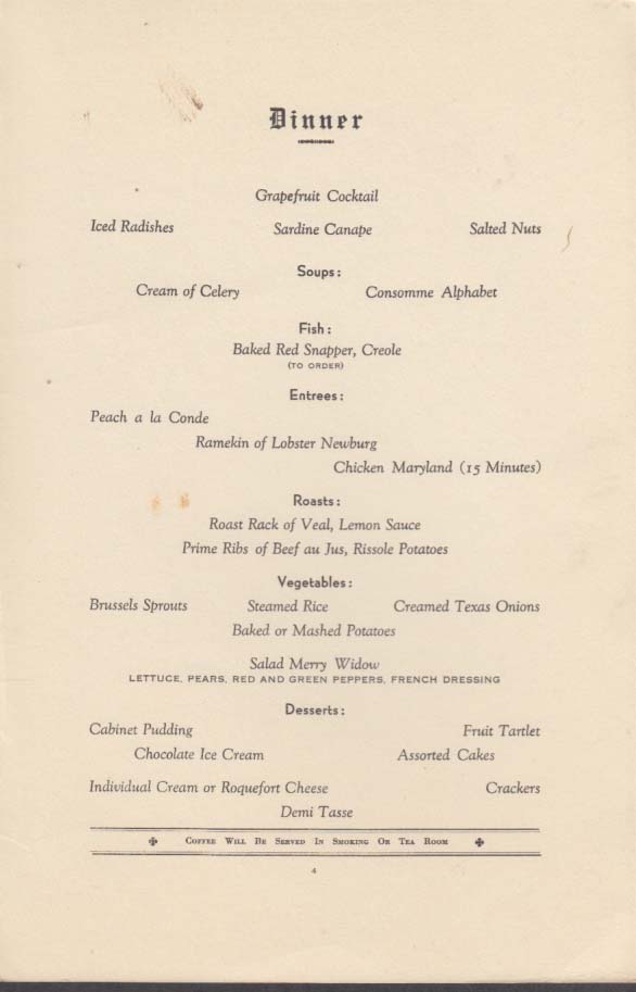 Clyde-Mallory Lines steamship Dinner Menu ca 1930s