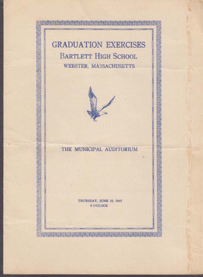 Bartlett High School Graduation Exercises Program Webster MA 1942