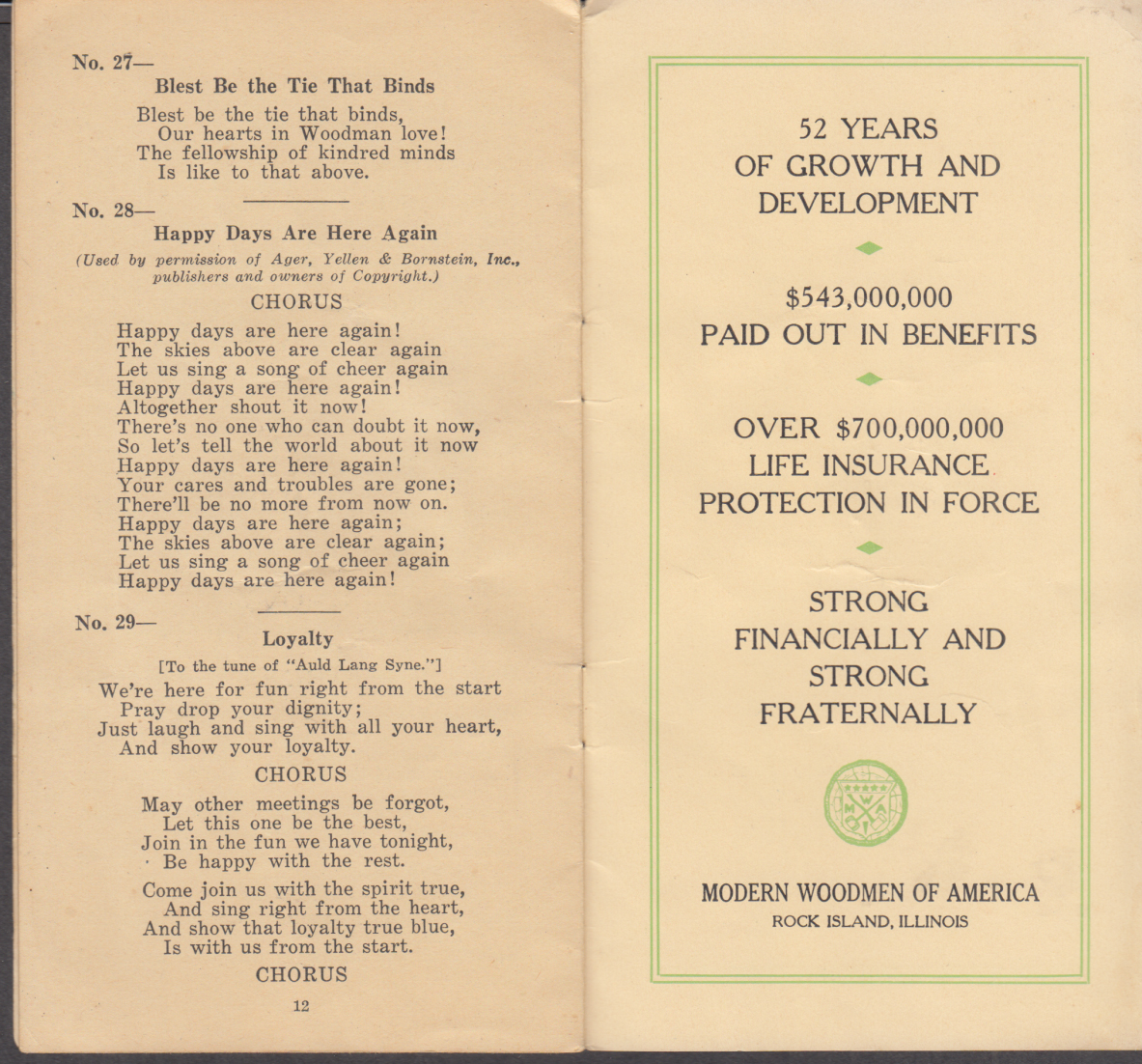 Modern Woodmen of America Community Songs booklet 1935 Rock Island IL