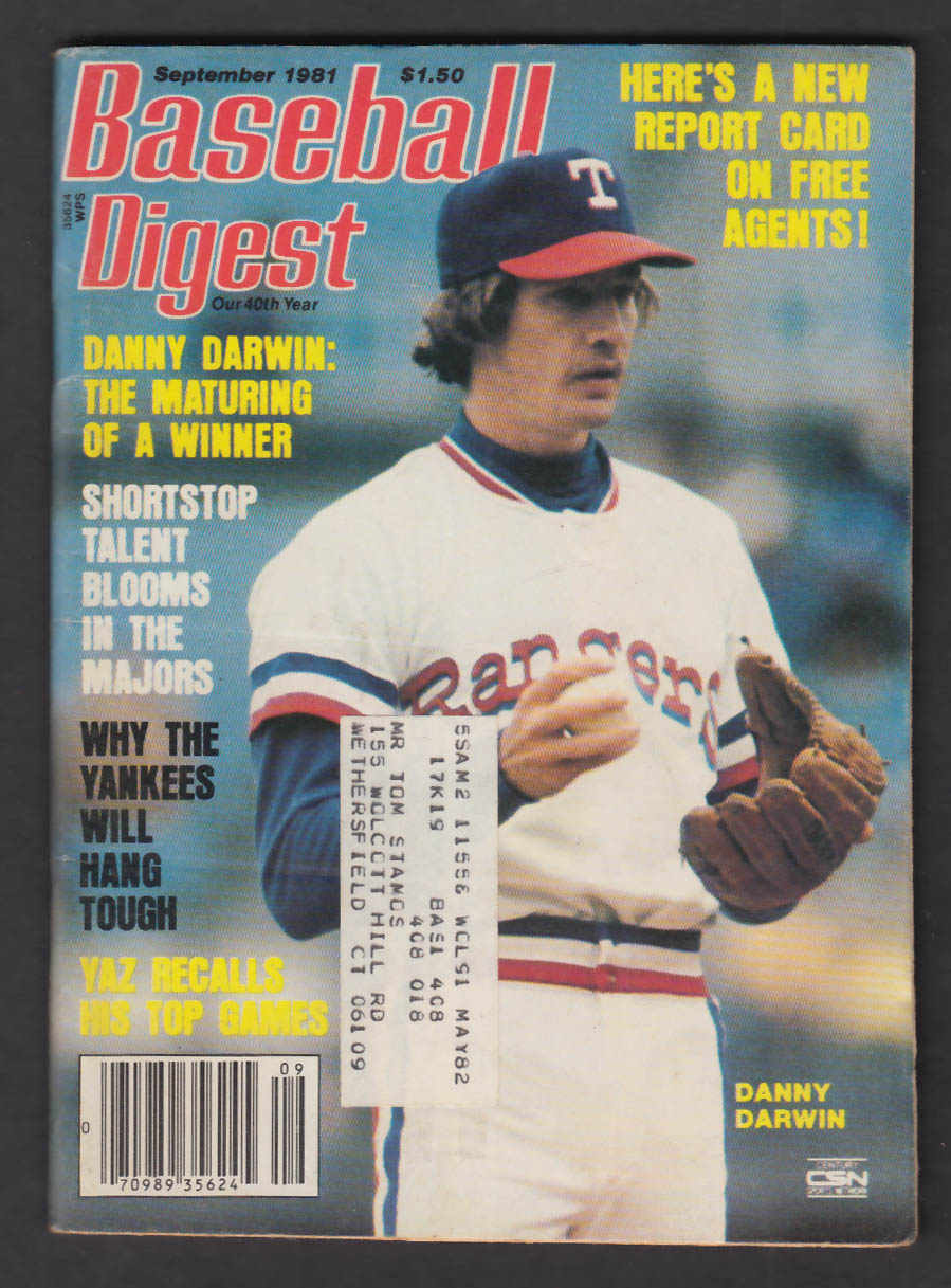 BASEBALL DIGEST Danny Darwin Carl Yastrzemski Steve Howe Catfish Hunter ...