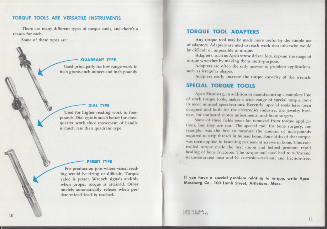 Apco Mossberg Let's Talk Torque booklet 1961 torque wrench Facts & Figures