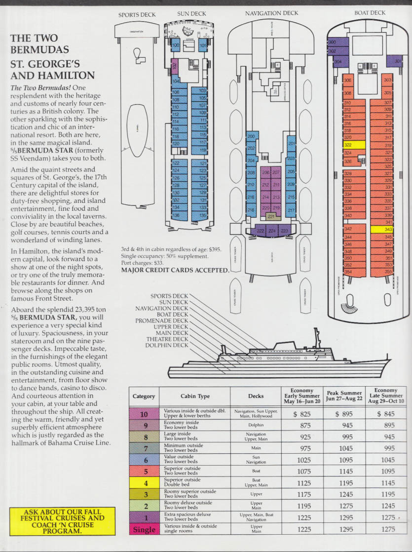 S S Bermuda Star Cruise folder St George's & Hamilton 1987 w/ deck plans