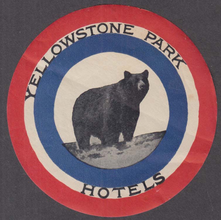 Yellowstone Park Hotels bear motif baggage sticker gummed ca 1940s