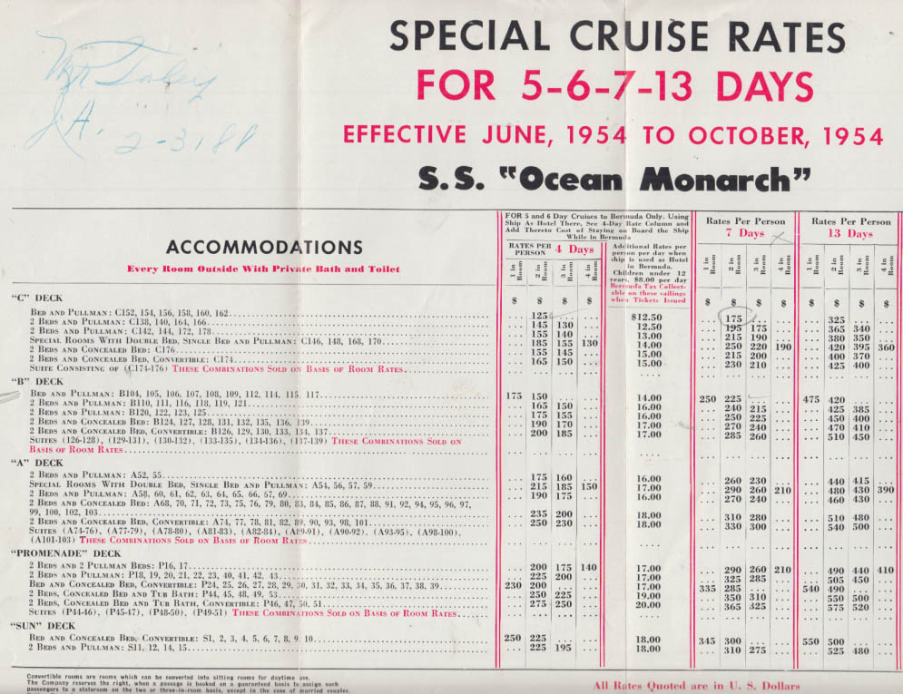 Furness Lines 1954 Cruises Summer & Fall Ocean Monarch Queen of Bermuda ...