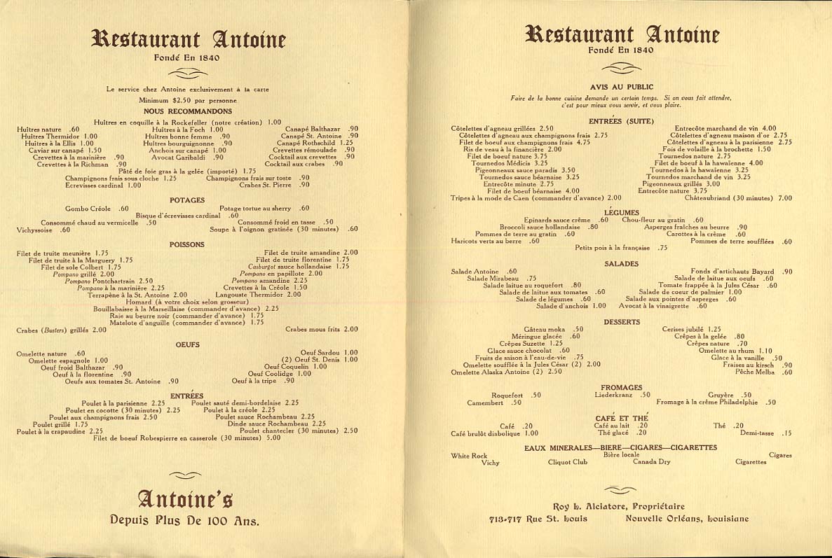 Antoine's Restaurant New Orleans Centennial Menu 1840-1940