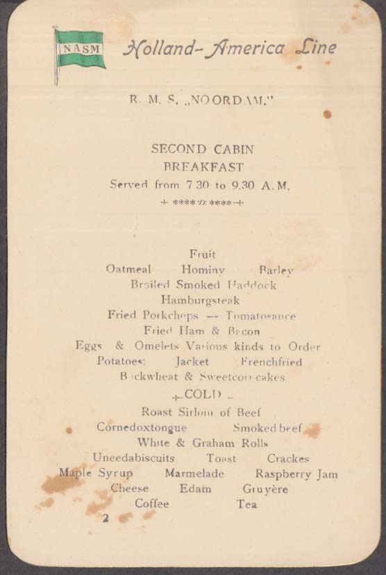 Holland-America Line R M S Noordam 2nd Cabin Breakfast Menu card 1904 #1