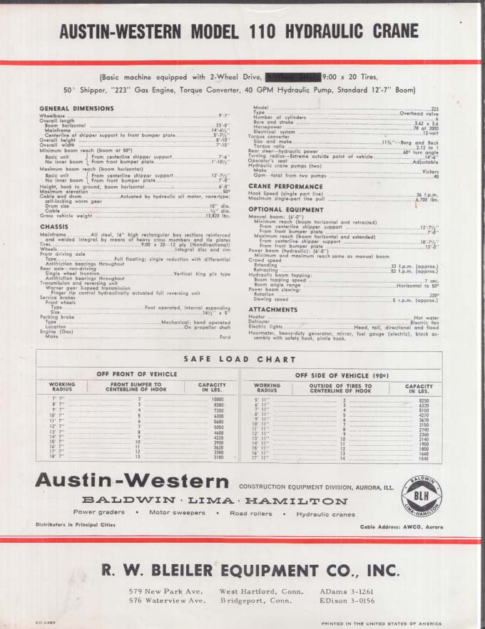 Austin-Western Model 110 Hydraulic Crane sell sheet & specs ca 1960