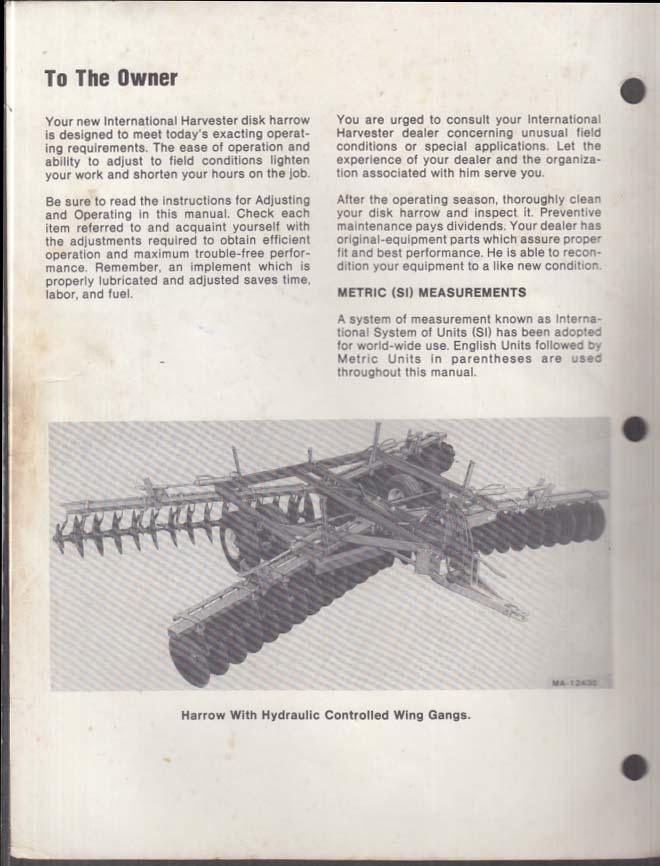 International Harvester 475 Tandem Disk Harrow Operator's Manual 1979