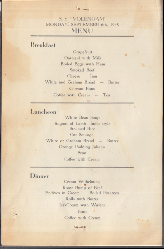 Holland America Line S S Volendam Daily 3-Meal Menu Card 9/6 1948