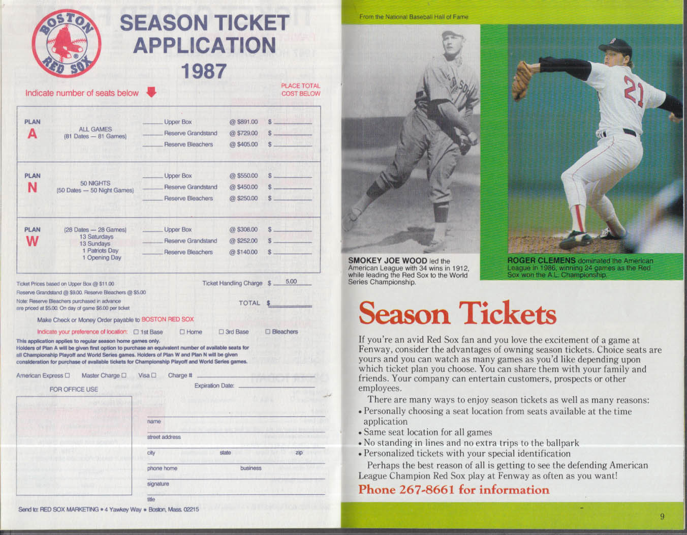 Boston Red Sox Ticket Information Catalog 1987