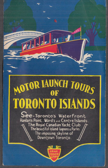 Motor Launch Tours of Toronto Islands Gray Coach Lines folder 1930s