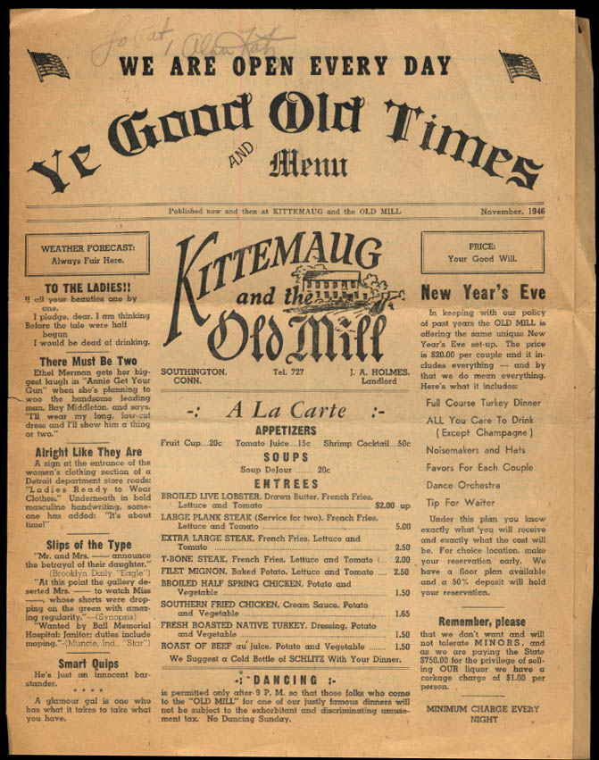 Kittemaug & The Old Mill Restaurant newsprint menu Southington CT 11 1946