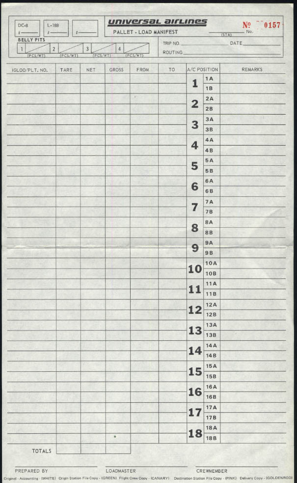 Universal Airlines Pallet-Load Manifest form unused DC-8 L-188 ca 1960s