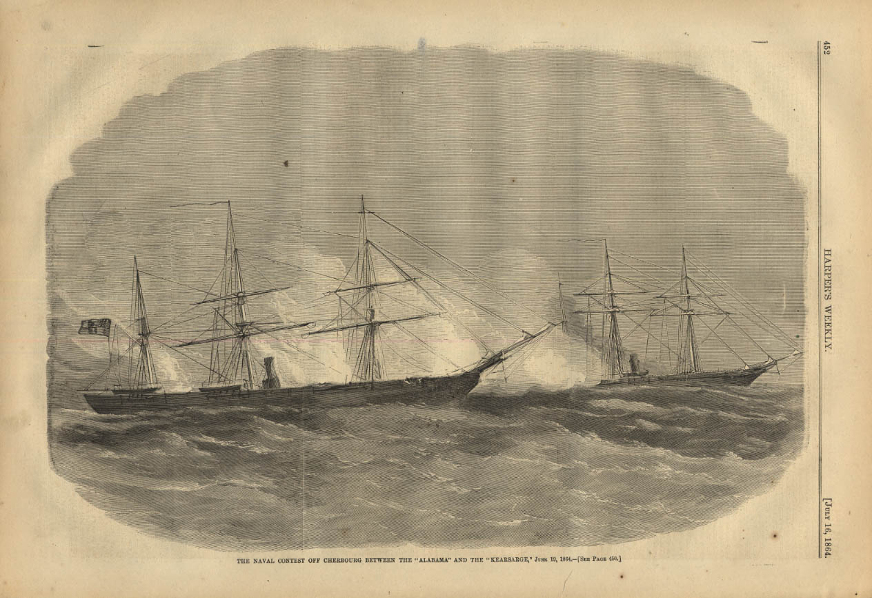 HARPER'S WEEKLY page 7/16 1864 CSS Alabama vs USS Kearsarge at Cherbourg