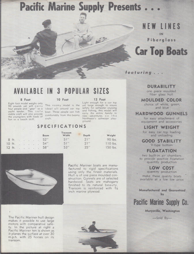 Pacific Marine Supply Car Top Boats sell sheet 1950s Marysville WA