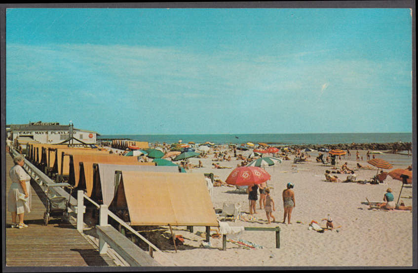 Boardwalk and Beach Scene at Cape May NJ postcard 1950s