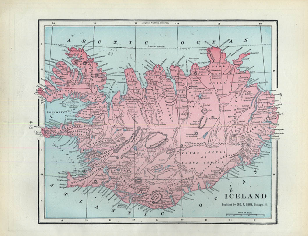 Iceland / Denmark color map by Geo F Cram 1901