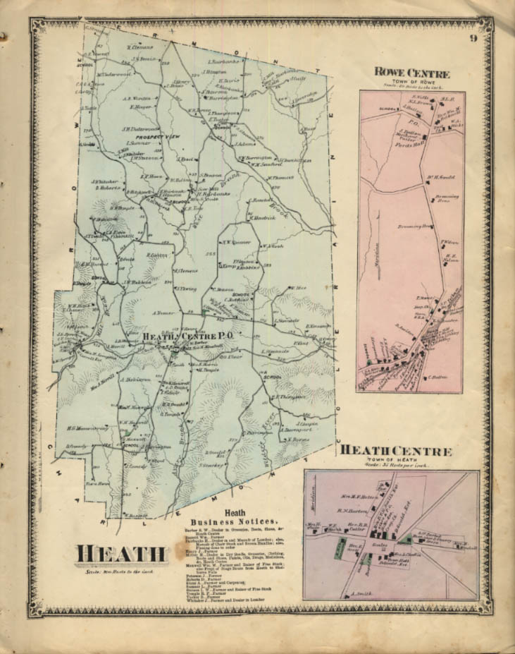 F W Beers hand-colored 1871 Map: Heath Heath Centre & Rowe Centre MA