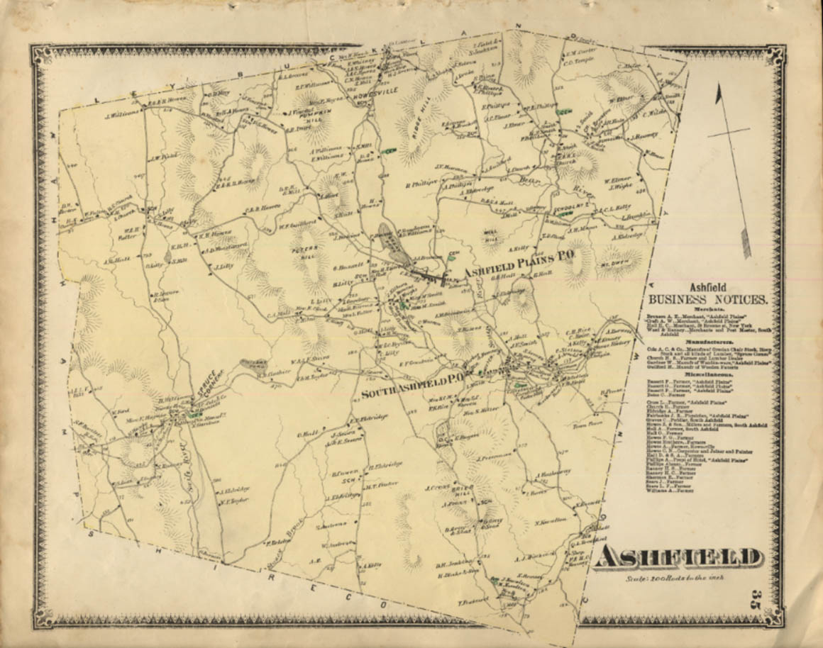 F W Beers hand-colored 1871 Map Ashfield Ashfield Plains S Ashfield PO MA