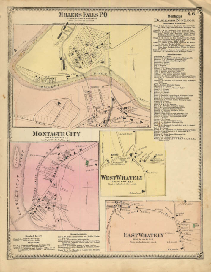 F W Beers hand-colored 1871 Map: Millers Falls Montague W & E Whately MA